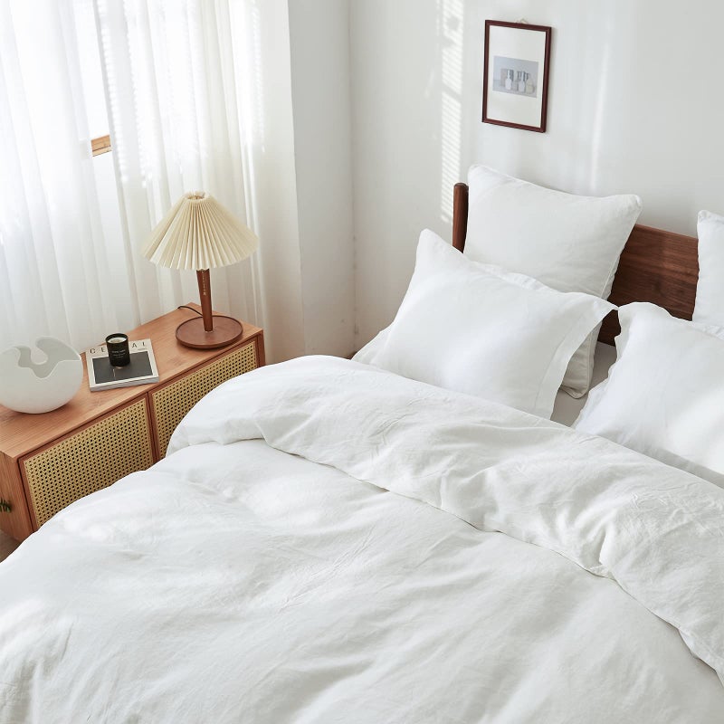 Simple&Opulence 100% Linen Duvet Cover Set 3pcs Basic Style Natural French Washed Flax Solid Color Soft Breathable Farmhouse Bedding with Button Closure - White, Queen - Image 5